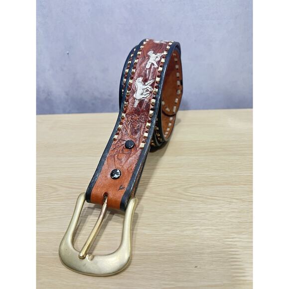 Vintage Western Buckle Horse Stallions Design Leather Belt & Solid Brass Size 40 - Picture 2 of 11